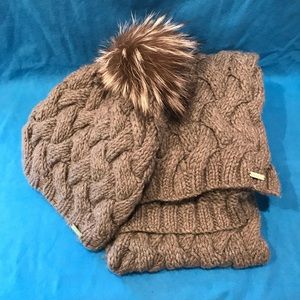 Coach Grey Scarf and Hat w/ Fur Poof Set
